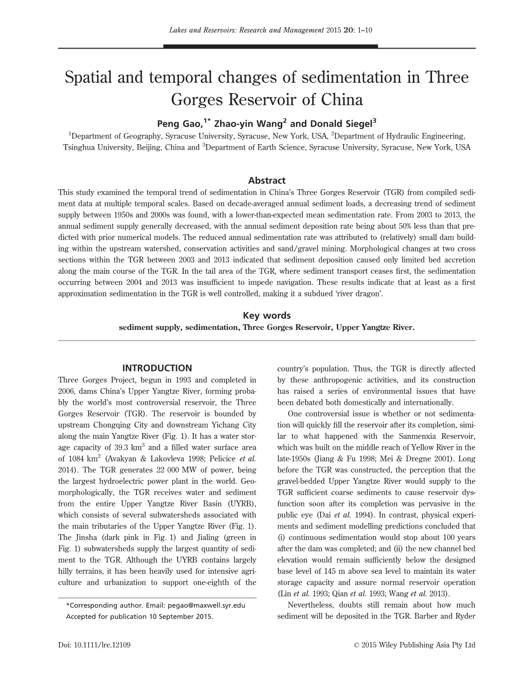 Spatial and Temporal Changes of Sedimentation in Three Gorges Reservoir of China