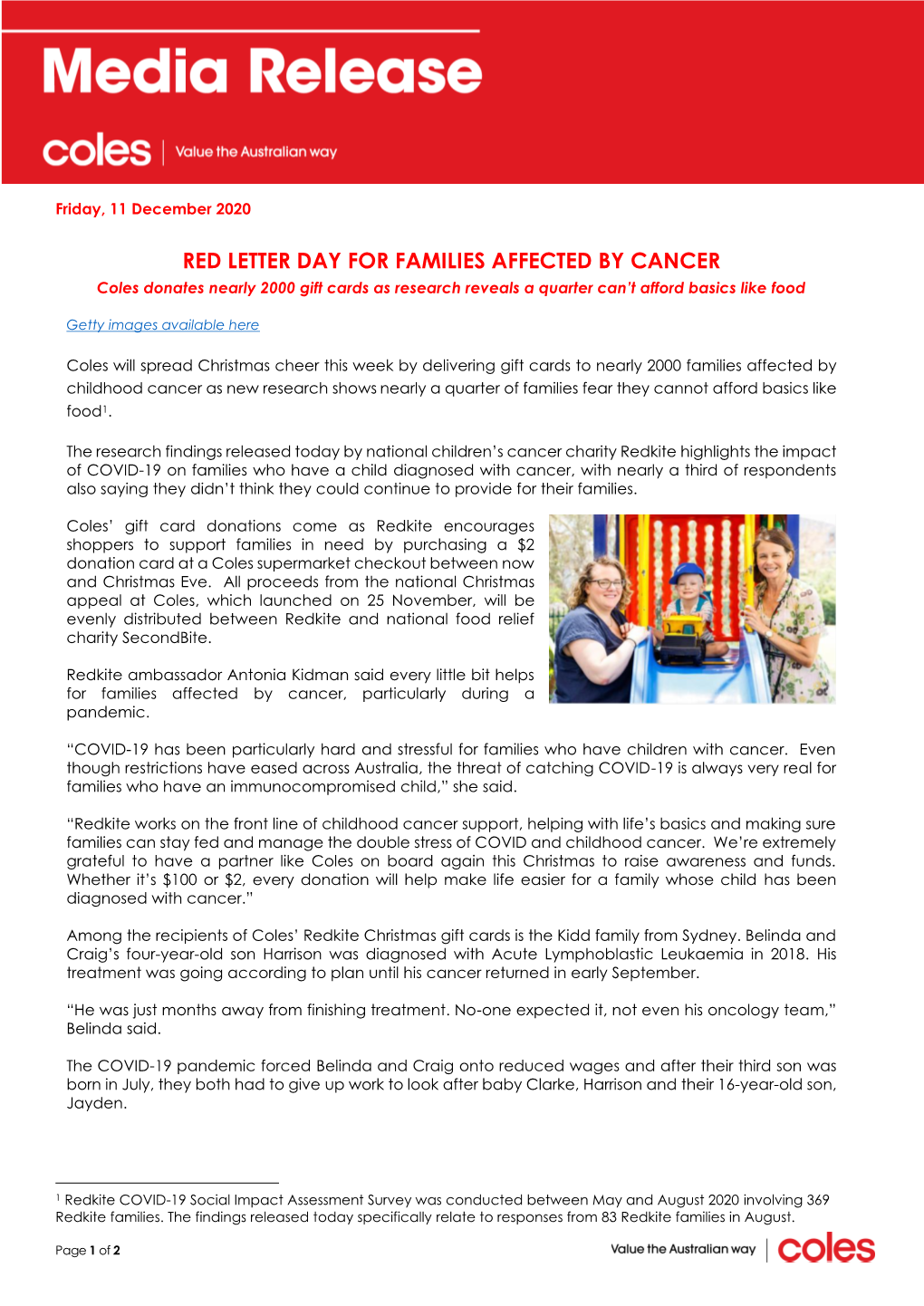 RED LETTER DAY for FAMILIES AFFECTED by CANCER Coles Donates Nearly 2000 Gift Cards As Research Reveals a Quarter Can’T Afford Basics Like Food