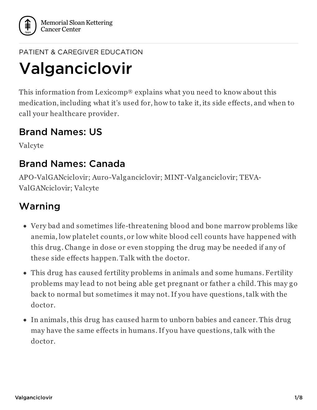 Valganciclovir | Memorial Sloan Kettering Cancer Center