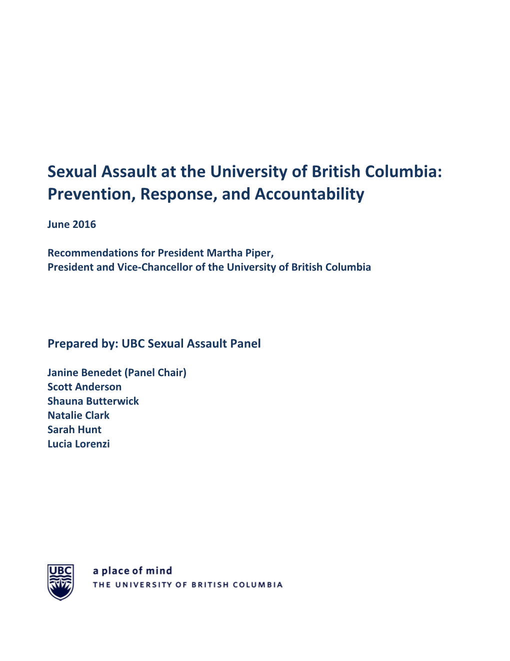 Sexual Assault at the University of British Columbia: Prevention, Response, and Accountability