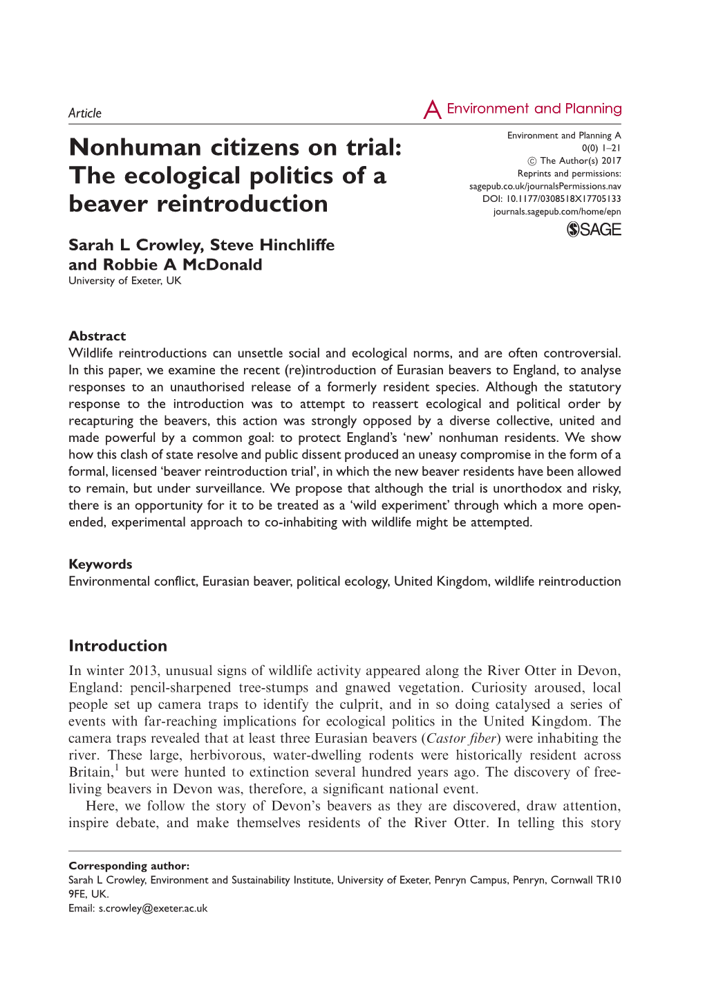 Nonhuman Citizens on Trial: the Ecological Politics of a Beaver Reintroduction