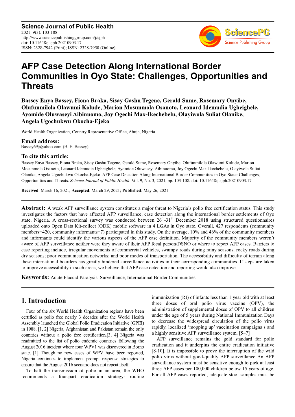 AFP Case Detection Along International Border Communities in Oyo State: Challenges, Opportunities and Threats