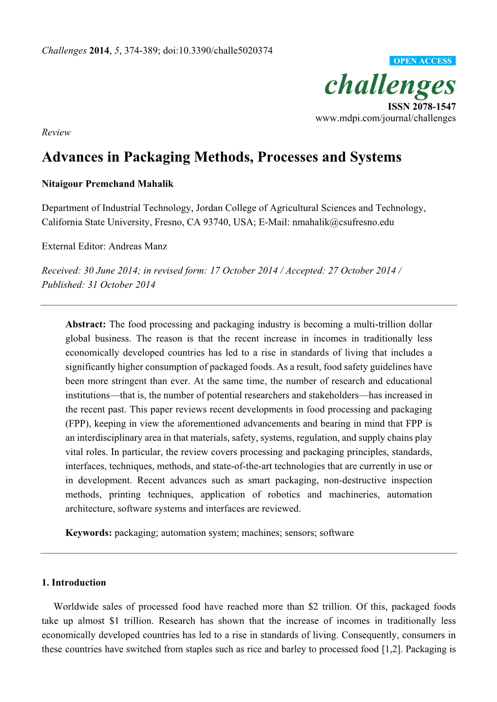 Advances in Packaging Methods, Processes and Systems