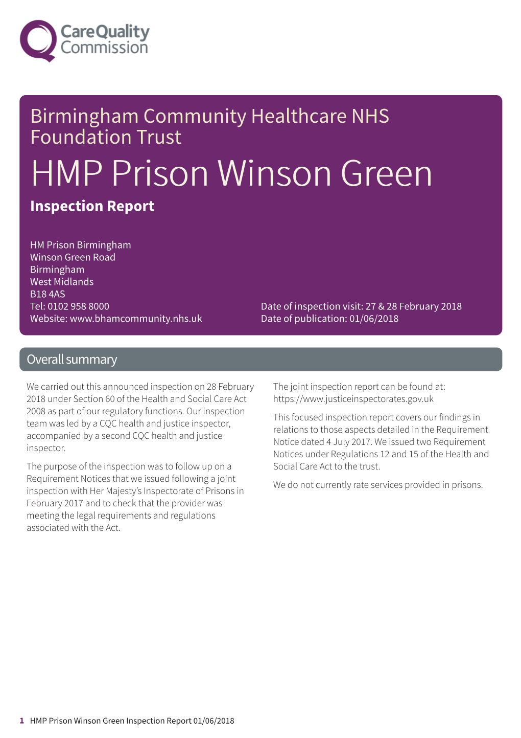 HMP Prison Winson Green Newapproachfocused Report