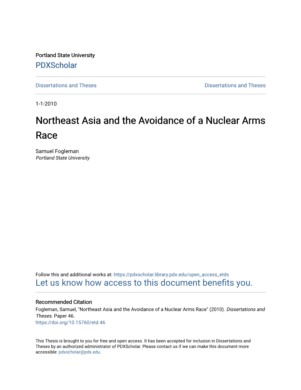 Northeast Asia and the Avoidance of a Nuclear Arms Race