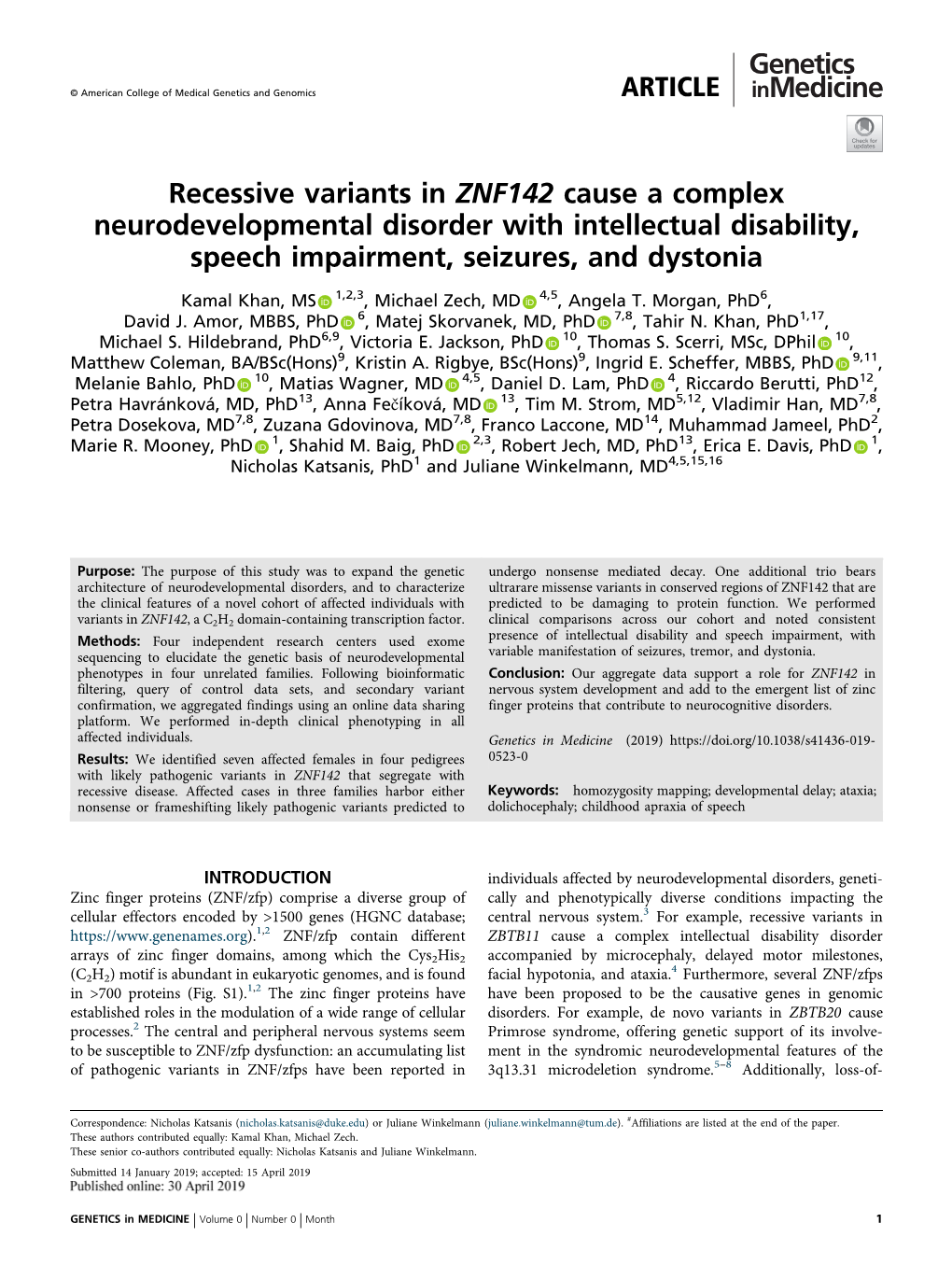 Recessive Variants in ZNF142 Cause a Complex Neurodevelopmental Disorder with Intellectual Disability, Speech Impairment, Seizures, and Dystonia