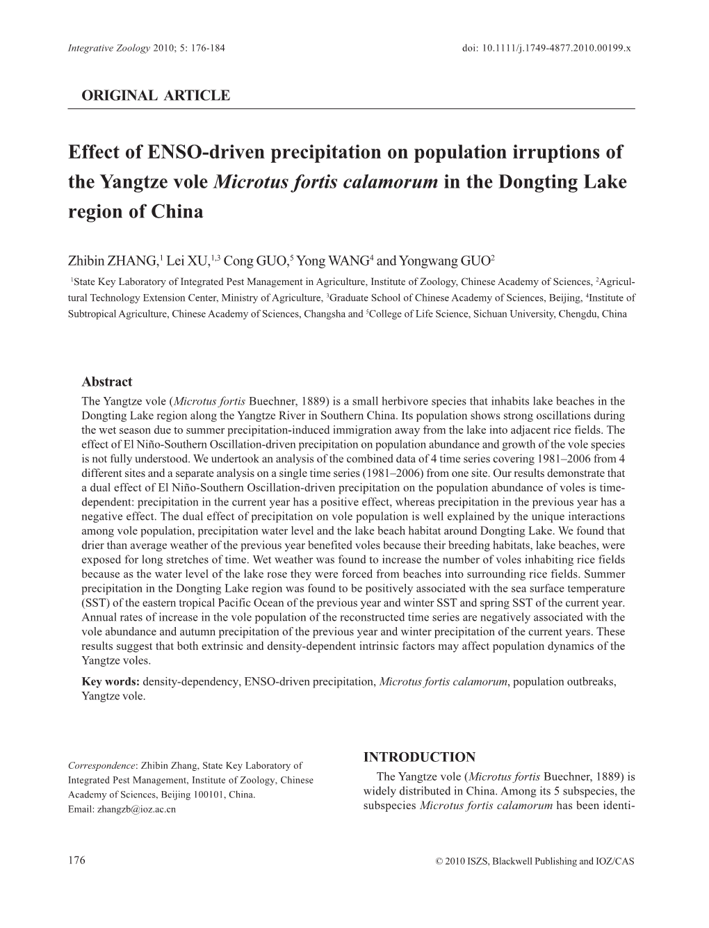 Effect of ENSO-Driven Precipitation on Population Irruptions of the Yangtze Vole Microtus Fortis Calamorum in the Dongting Lake Region of China