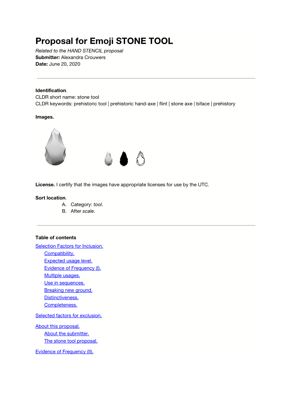 Proposal for Emoji STONE TOOL Related to the HAND STENCIL Proposal Submitter: Alexandra Crouwers ​ Date: June 20, 2020 ​
