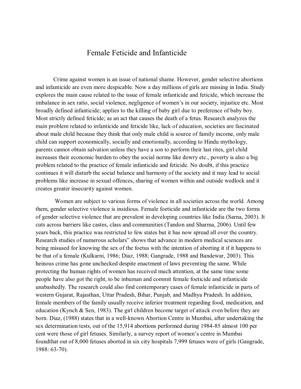Female Feticide and Infanticide