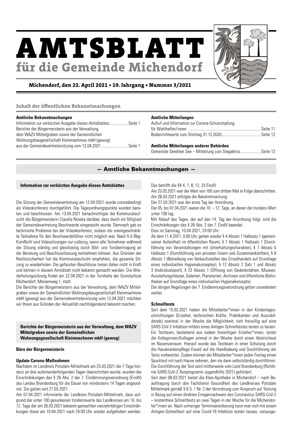 AMTSBLATT Für Die Gemeinde Michendorf