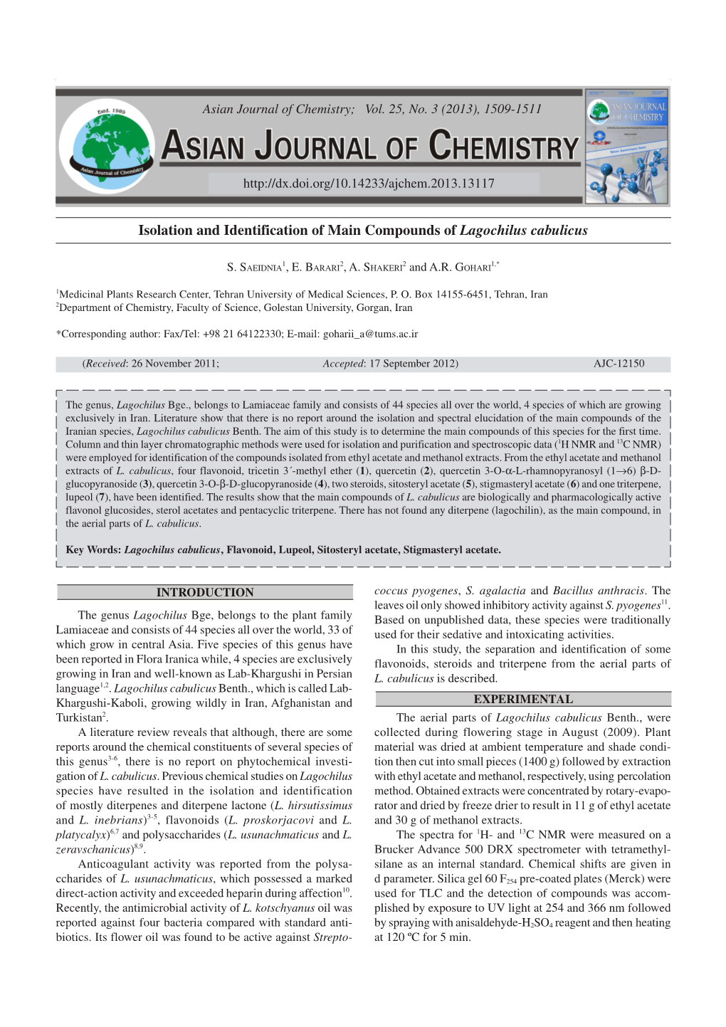 Isolation and Identification of Main Compounds of Lagochilus Cabulicus