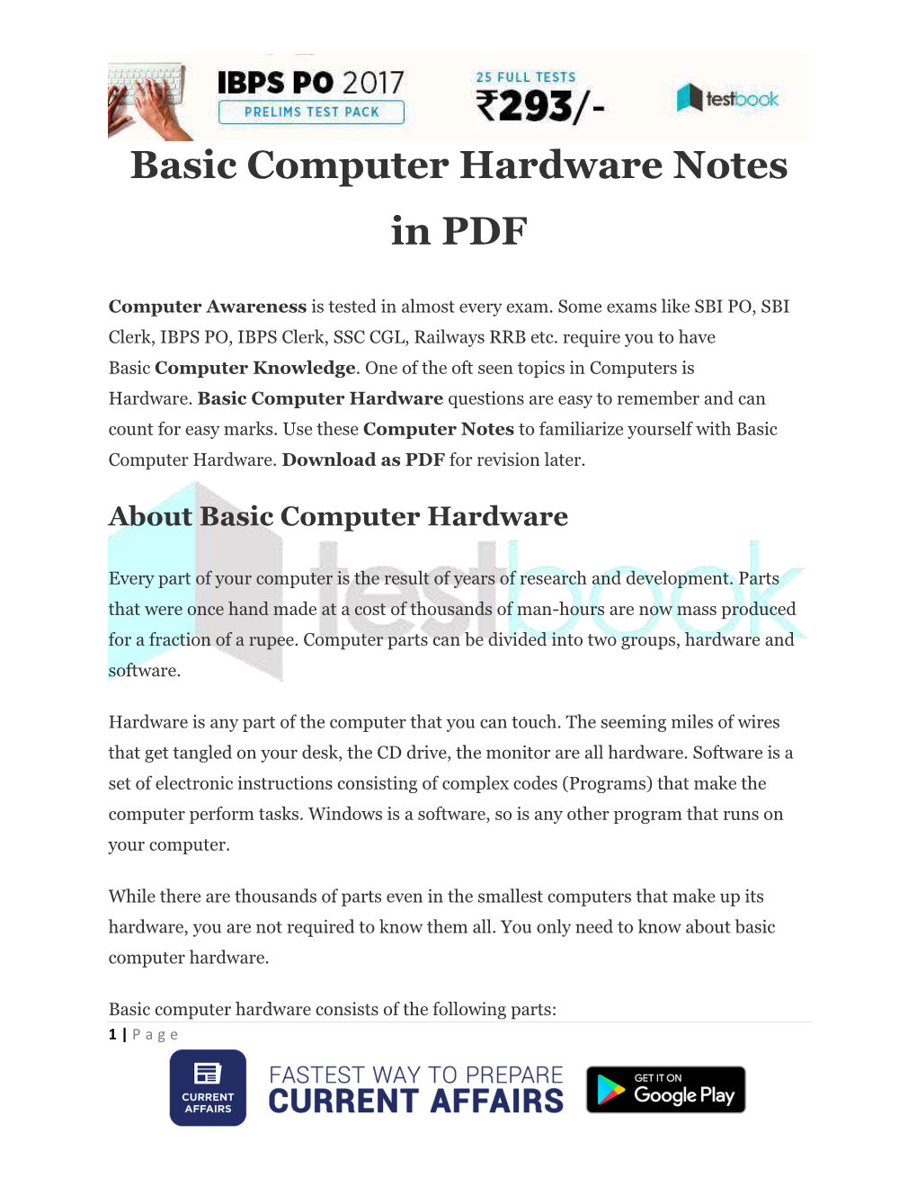 Basic Computer Hardware Notes in PDF