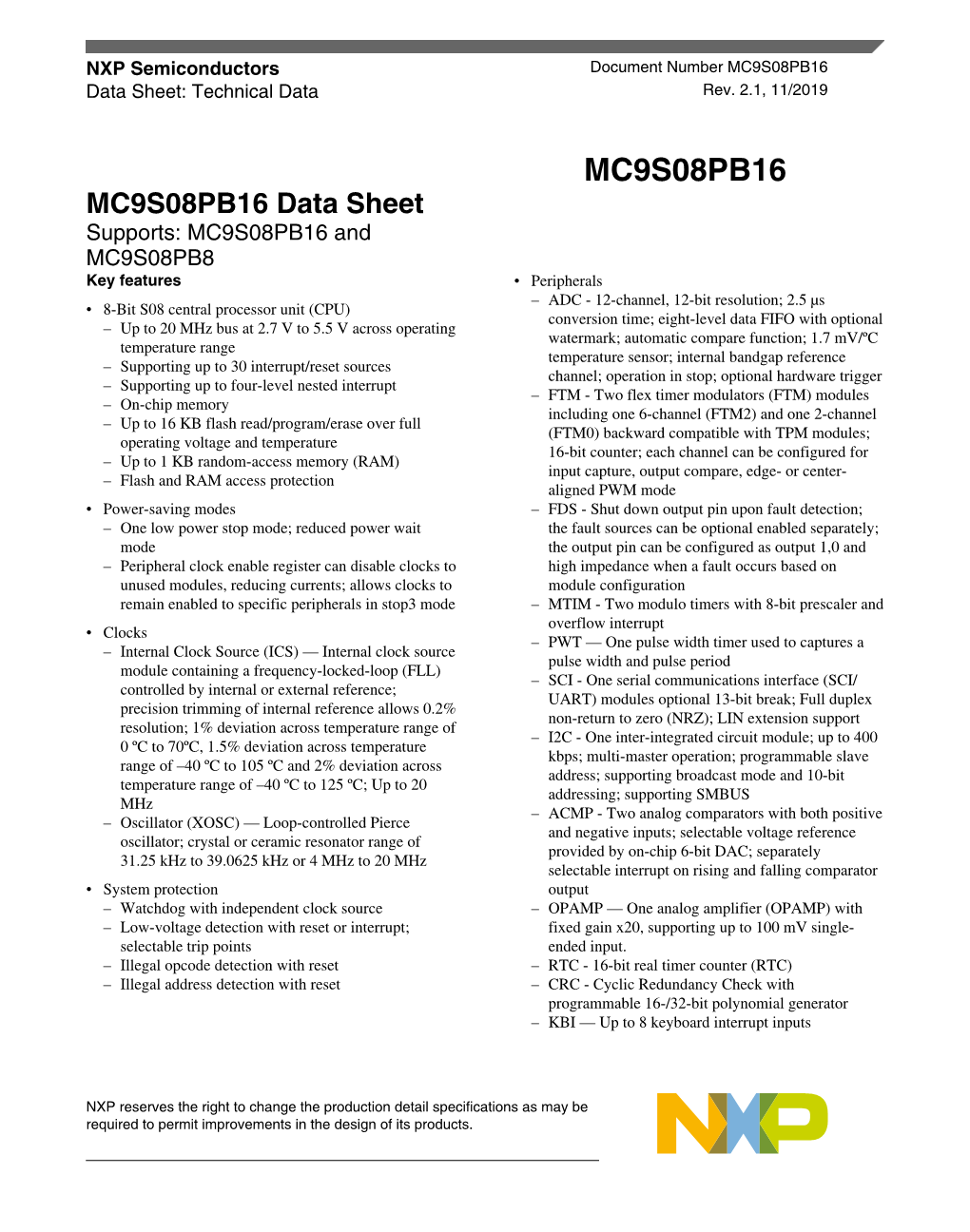 MC9S08PB16 Data Sheet: Technical Data Rev