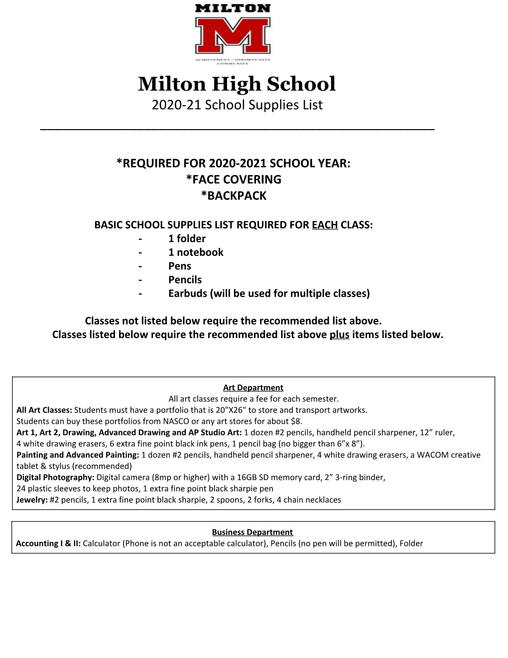 Milton High School Supplies List