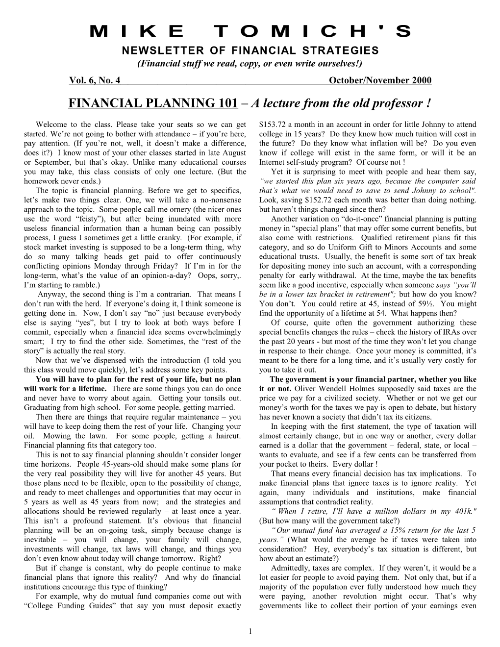 Mike Tomich's Newsletter Of Financial Strategies
