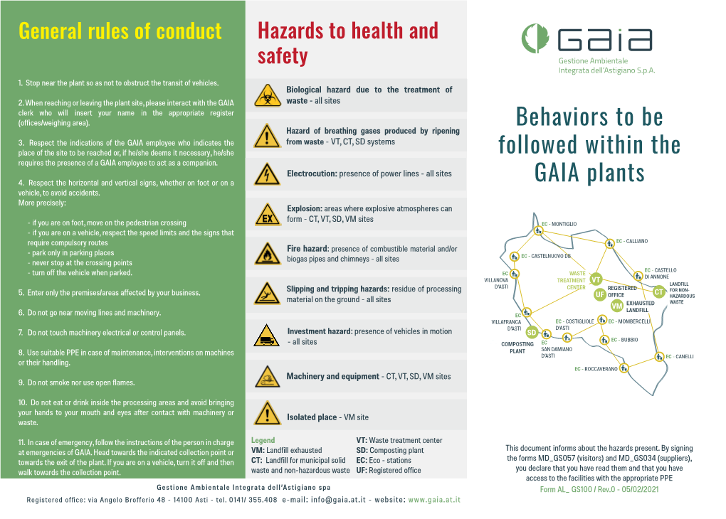 Behaviors to Be Followed Within the GAIA Plants