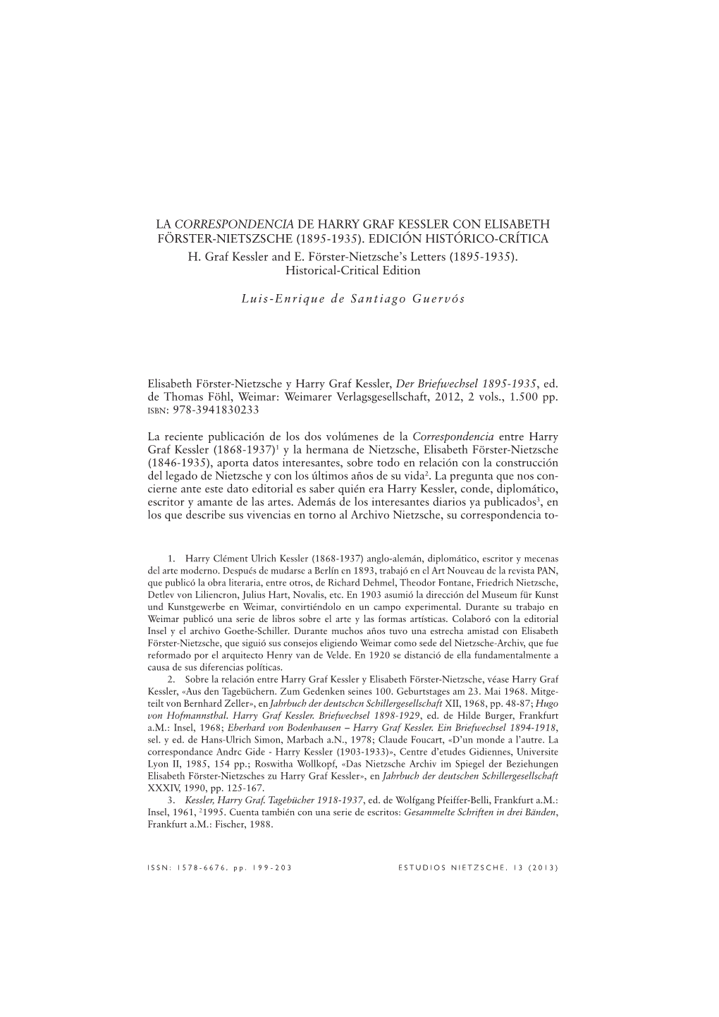 LA CORRESPONDENCIA DE HARRY GRAF KESSLER CON ELISABETH FÖRSTER-NIETSZSCHE (1895-1935). Edición Histórico-CRÍTICA H. Graf Kessler and E