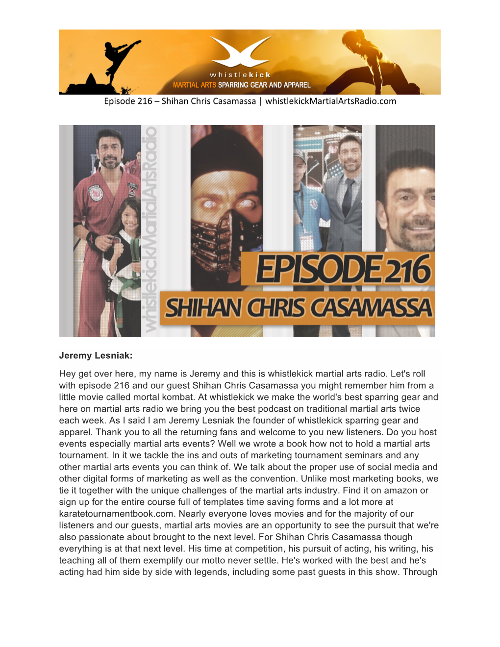 Episode 216 – Shihan Chris Casamassa | Whistlekickmartialartsradio.Com