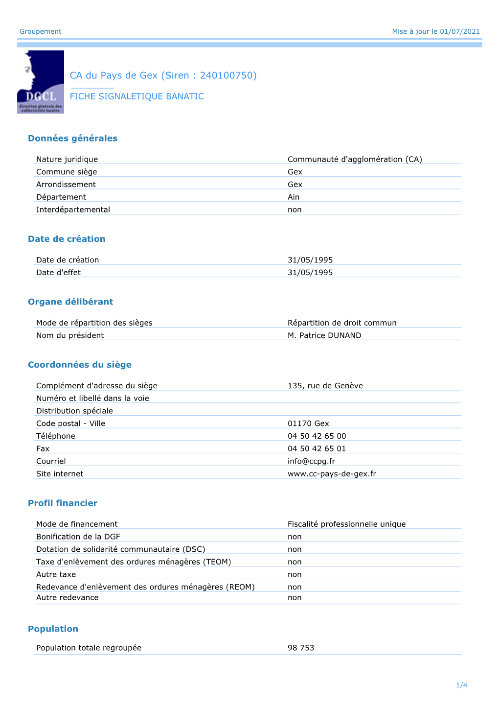 Communauté De Communes Du Pays De Gex (Siren : 240100750)