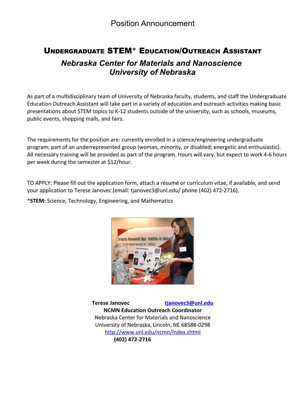 Undergraduate STEM* Education/Outreach Assistant