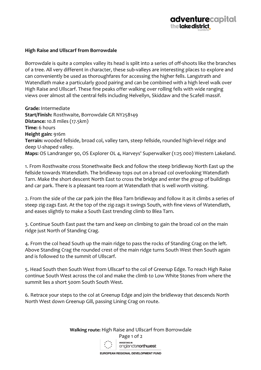 Walking Route: High Raise and Ullscarf from Borrowdale Page 1 of 2