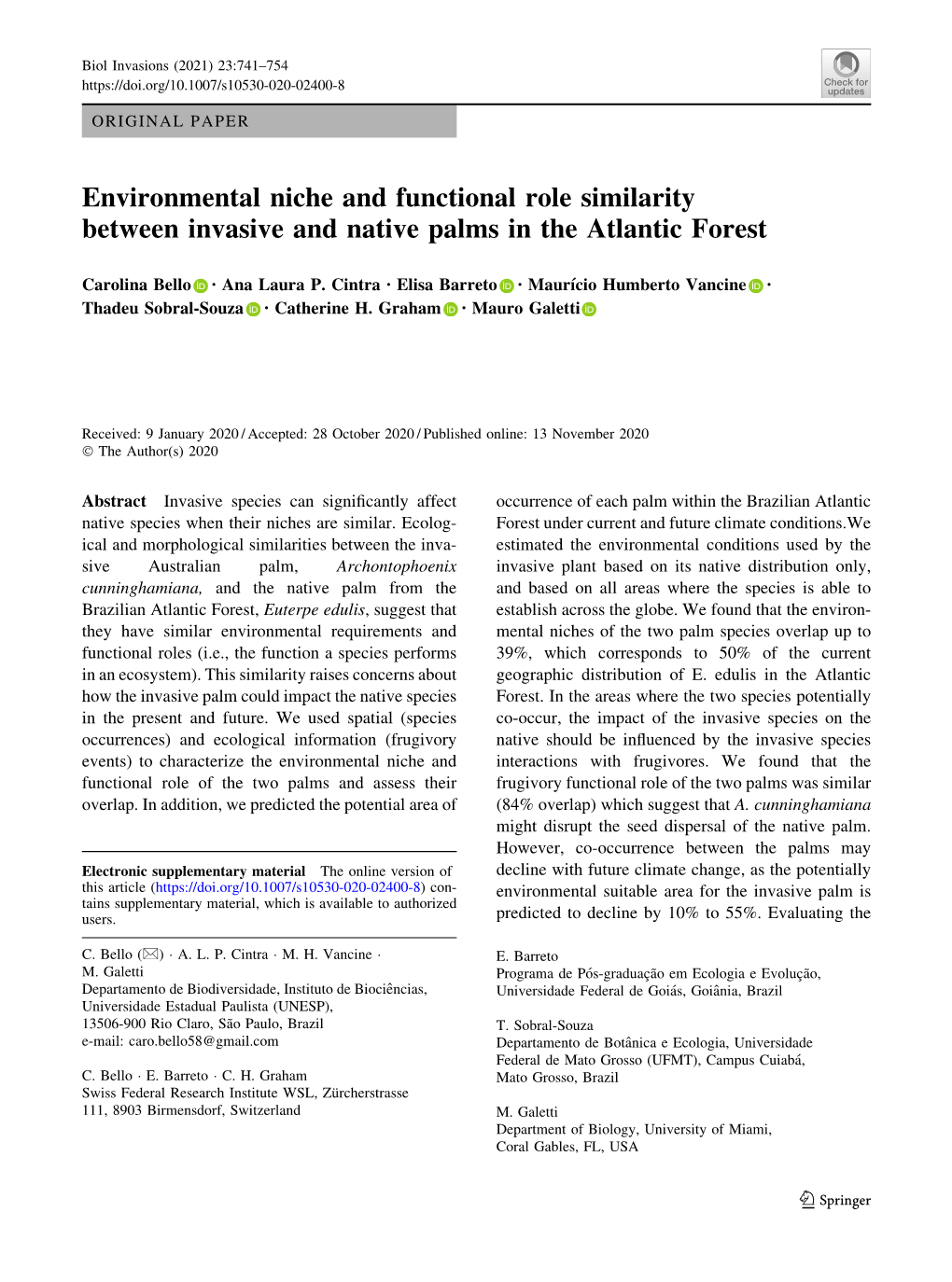 Environmental Niche and Functional Role Similarity Between Invasive and Native Palms in the Atlantic Forest