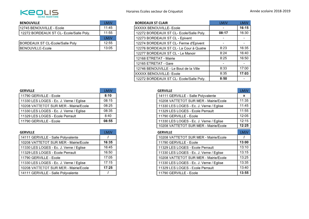 Horaires Ecoles Secteur De Criquetot Année Scolaire 2018-2019