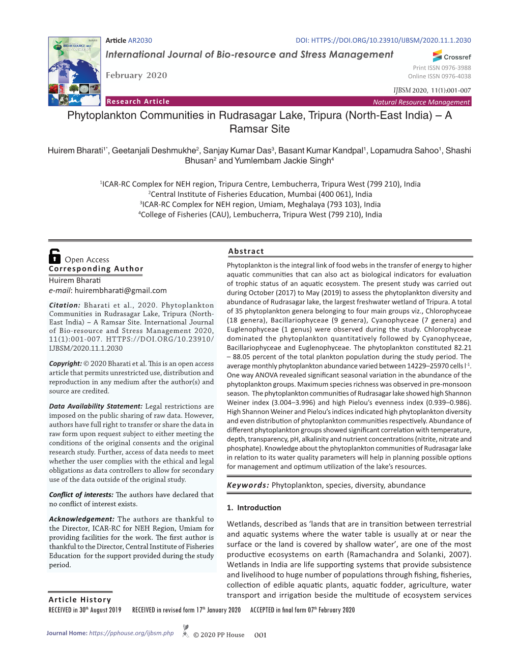 Phytoplankton Communities in Rudrasagar Lake, Tripura (North-East India) – a Ramsar Site