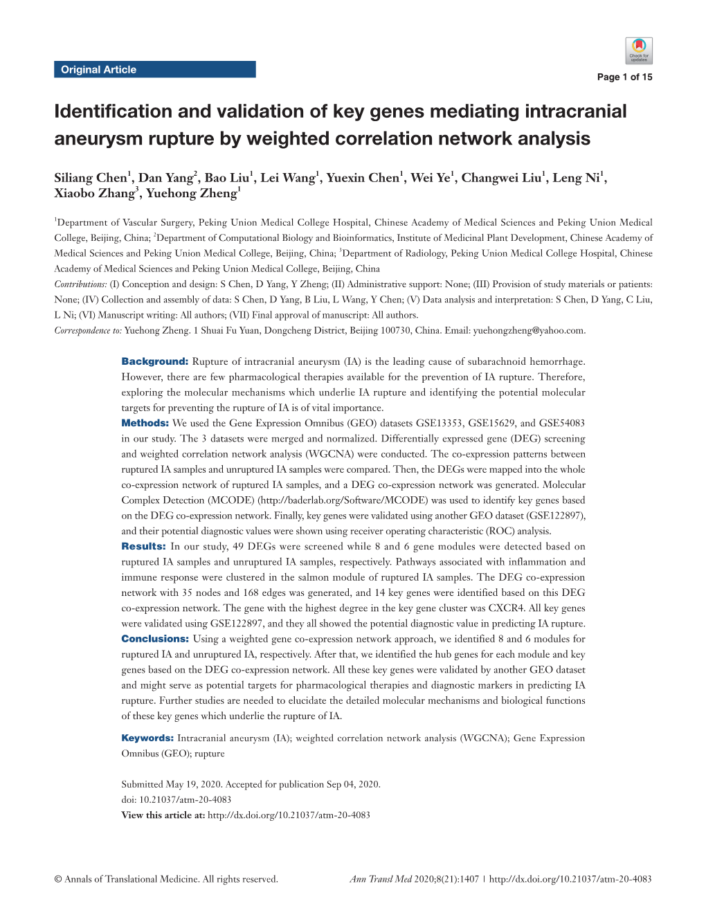 Identification and Validation of Key Genes Mediating Intracranial Aneurysm Rupture by Weighted Correlation Network Analysis