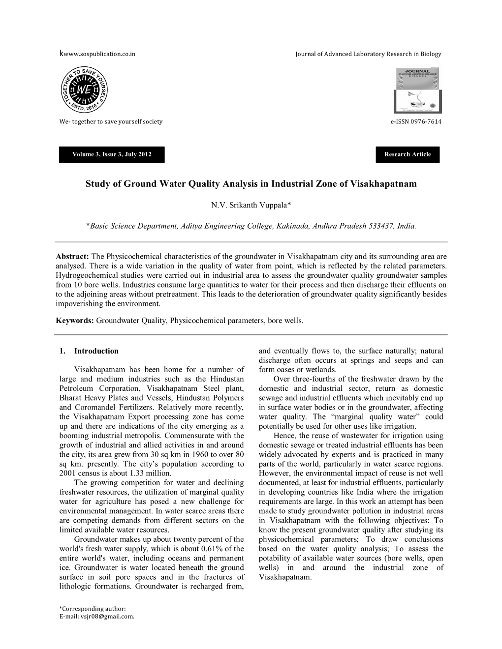 Study of Ground Water Quality Analysis in Industrial Zone of Visakhapatnam