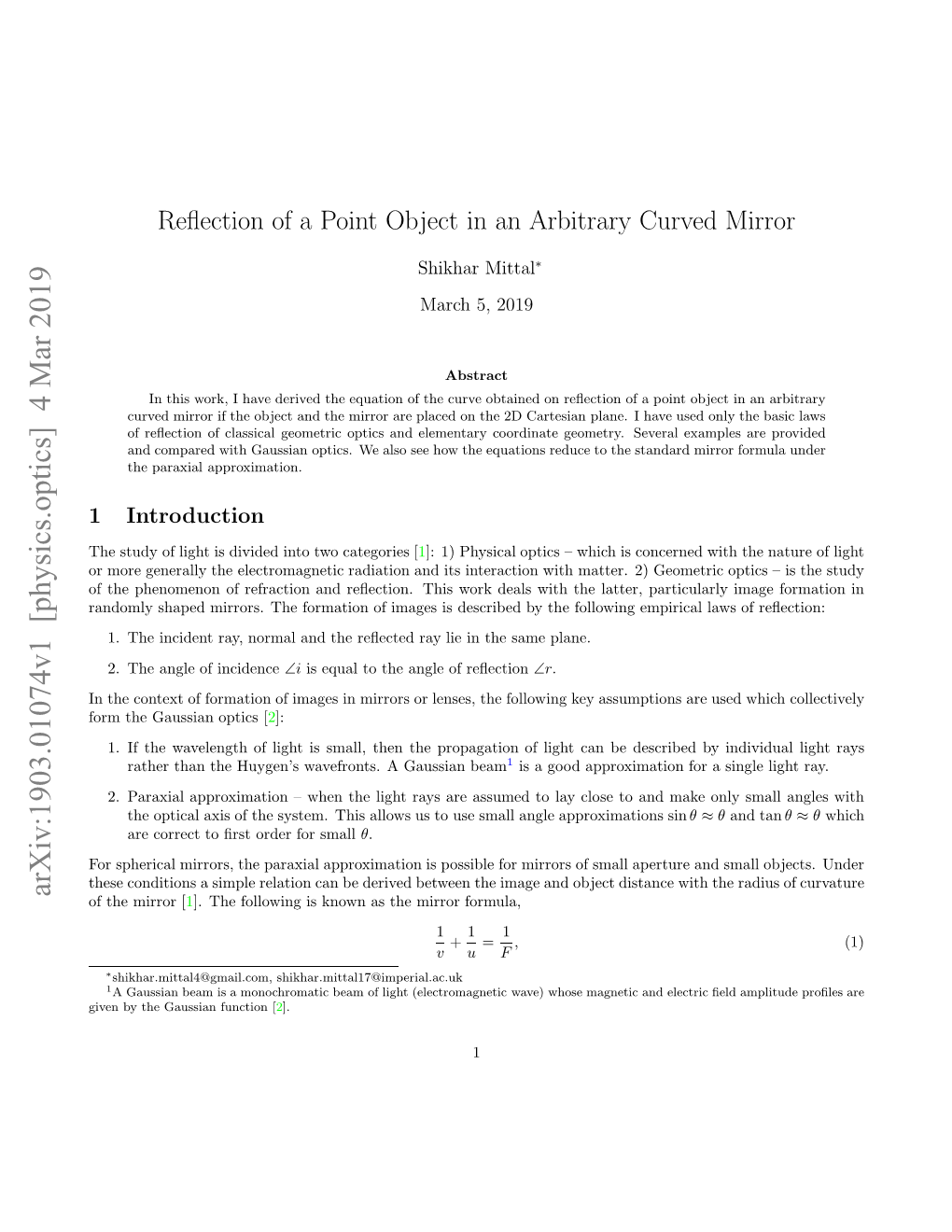 Reflection of a Point Object in an Arbitrary Curved Mirror