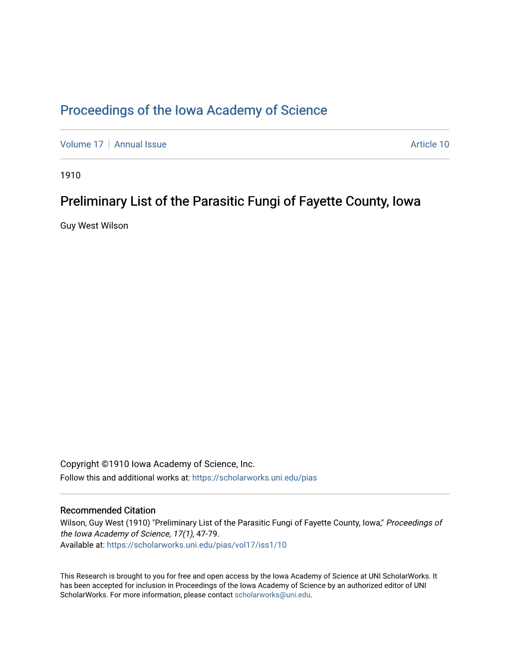 Preliminary List of the Parasitic Fungi of Fayette County, Iowa