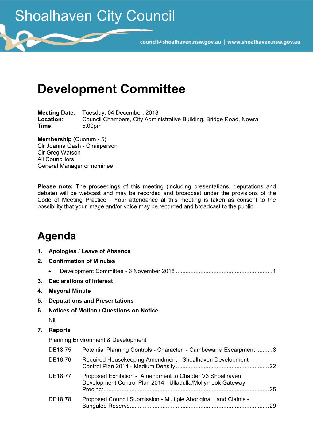 Agenda of Development Committee