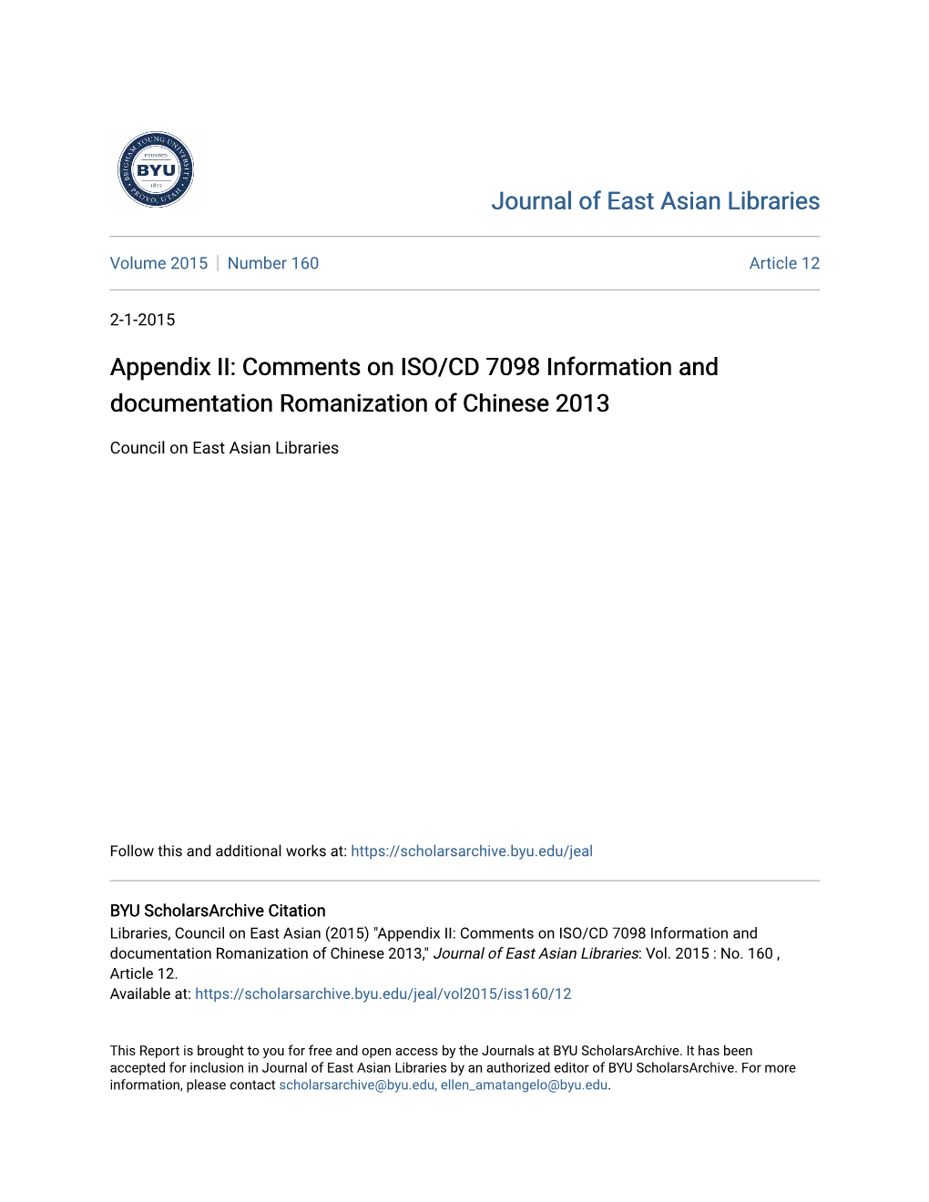 Appendix II: Comments on ISO/CD 7098 Information and Documentation Romanization of Chinese 2013