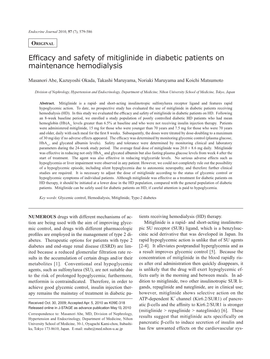 Efficacy and Safety of Mitiglinide in Diabetic Patients on Maintenance Hemodialysis