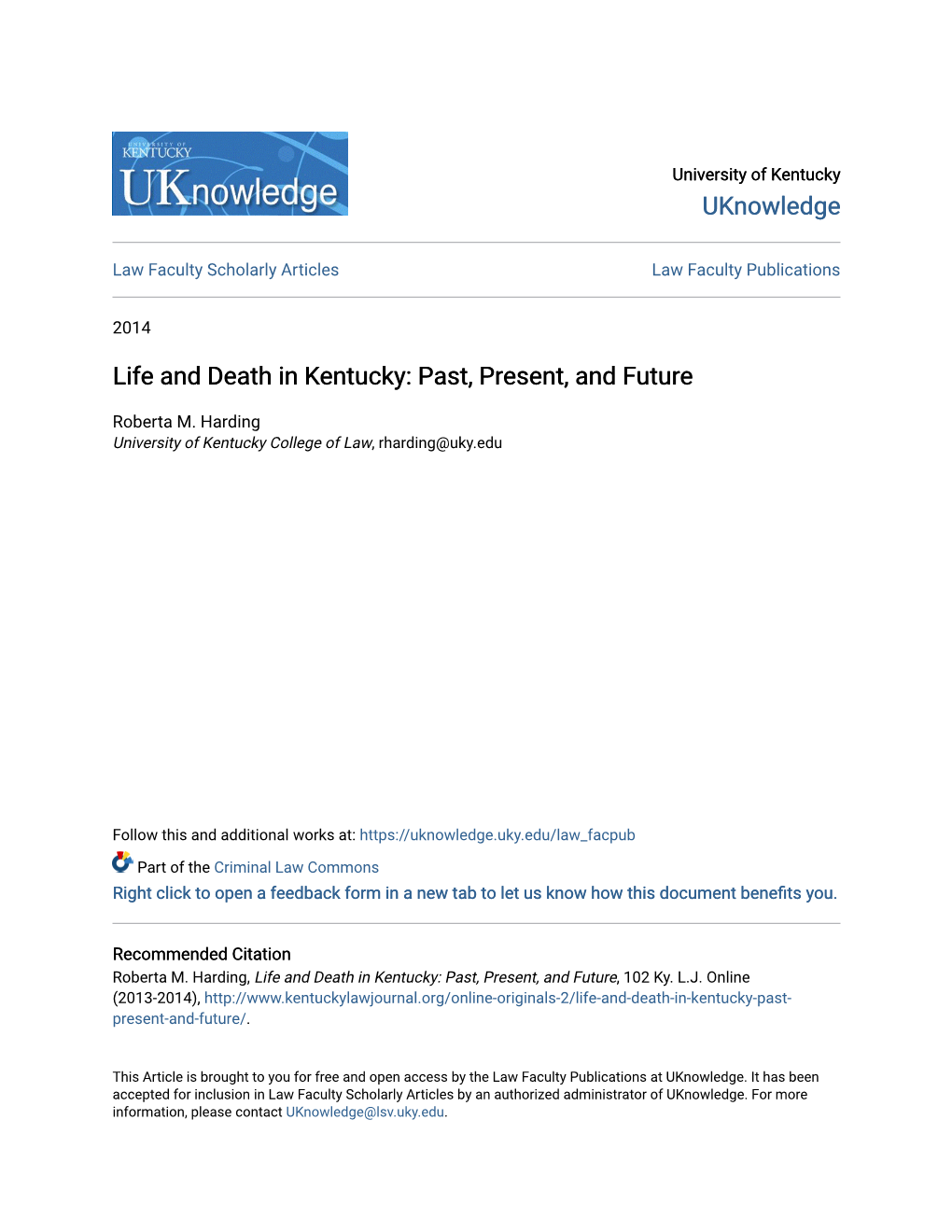 Life and Death in Kentucky: Past, Present, and Future