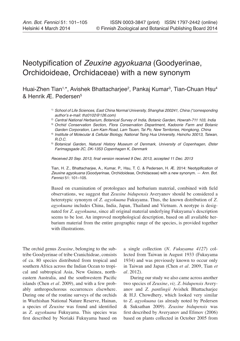 Neotypification of Zeuxine Agyokuana (Goodyerinae, Orchidoideae, Orchidaceae) with a New Synonym