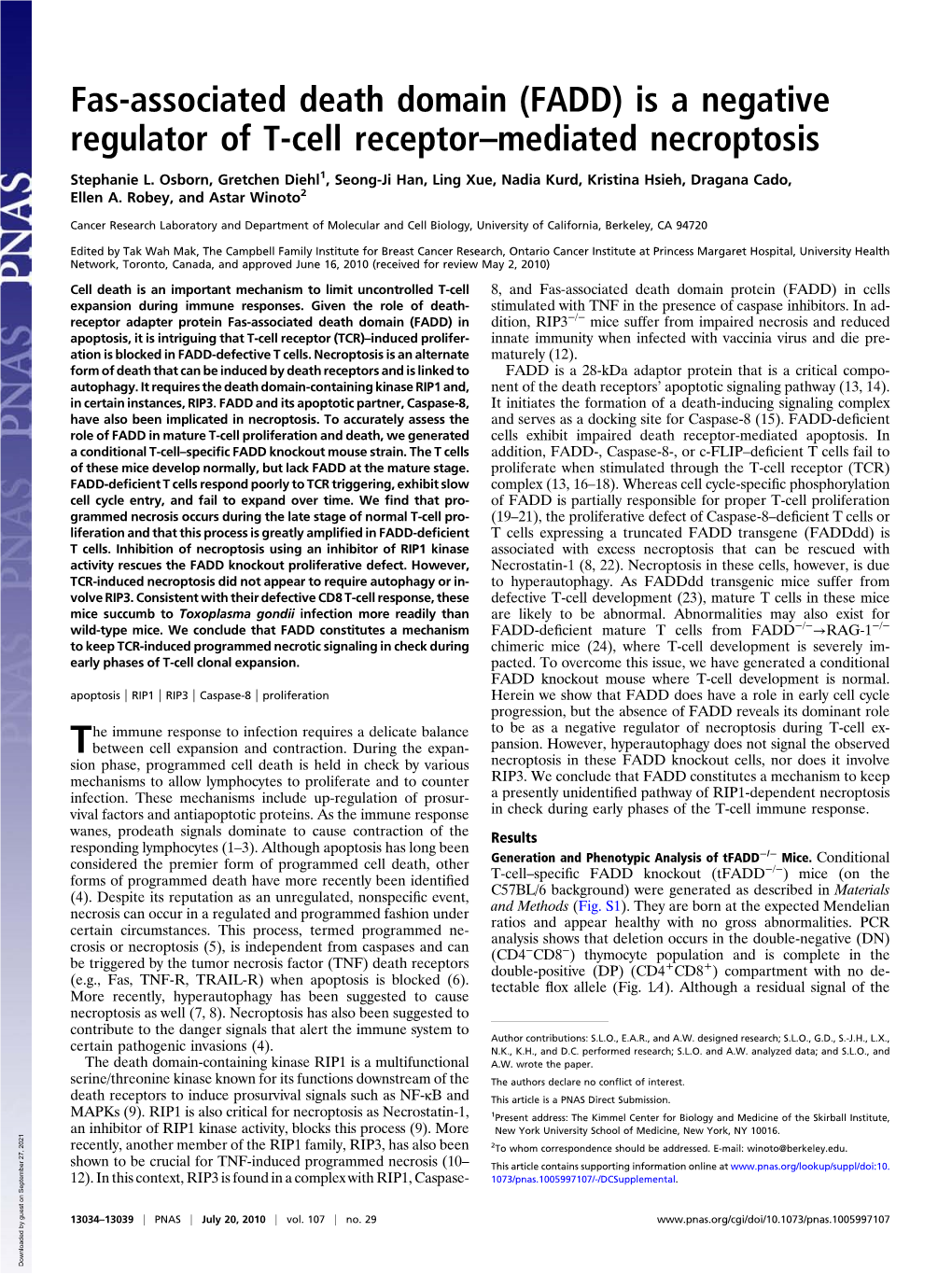 (FADD) Is a Negative Regulator of T-Cell Receptor–Mediated Necroptosis