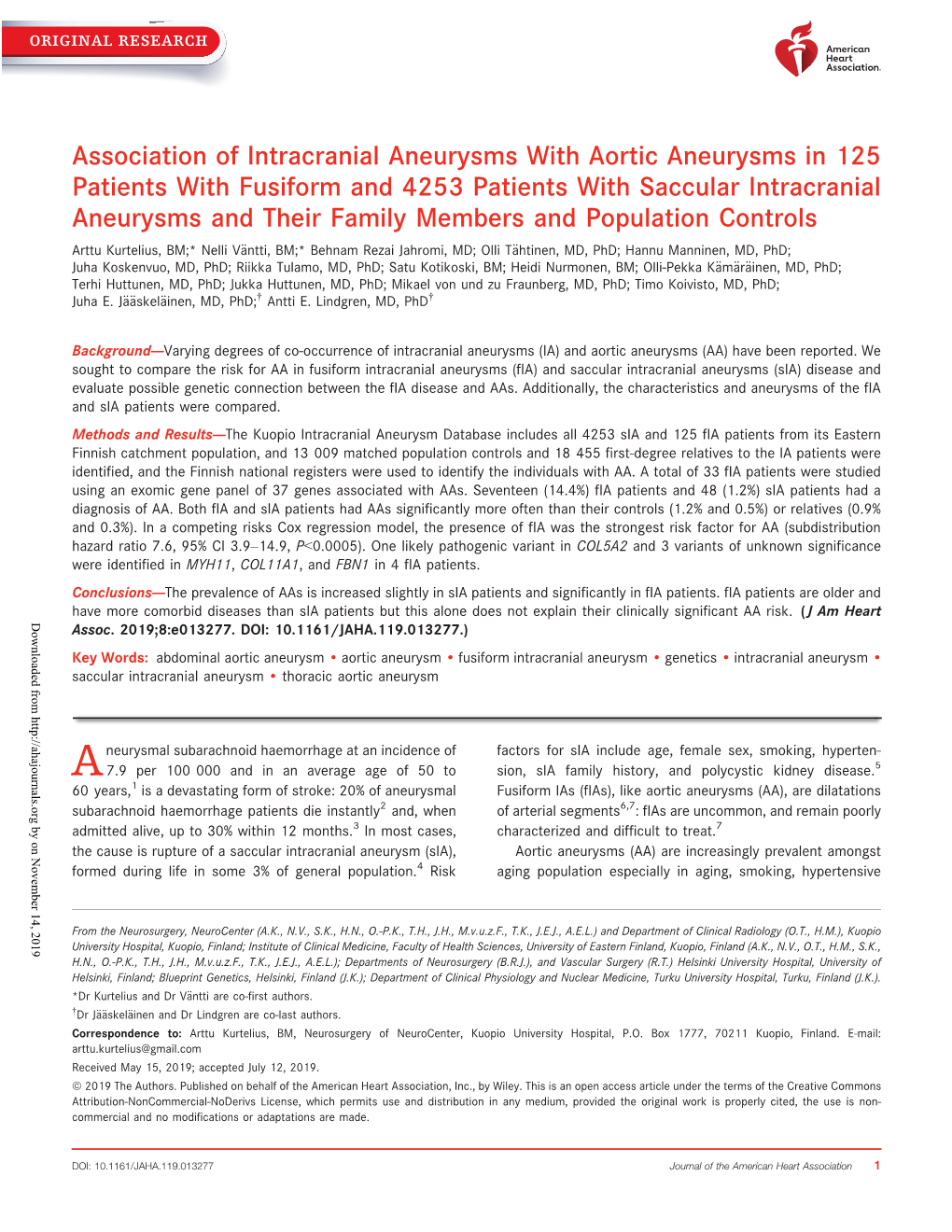 Association of Intracranial Aneurysms with Aortic Aneurysms in 125 Patients with Fusiform and 4253 Patients with Saccular Intrac