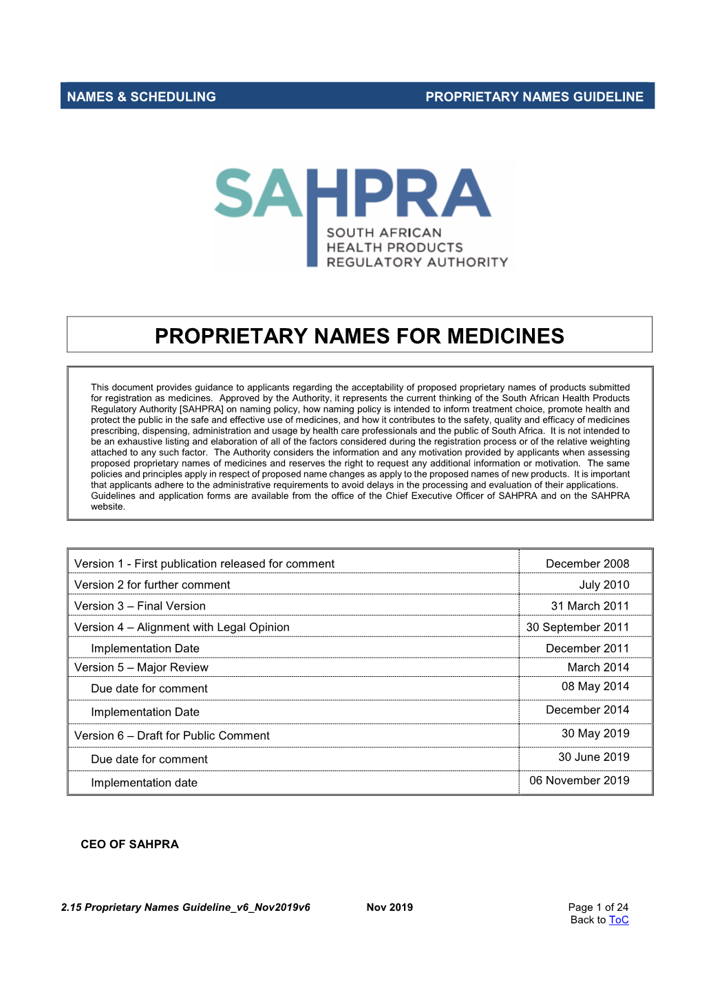 Proprietary Names for Medicines