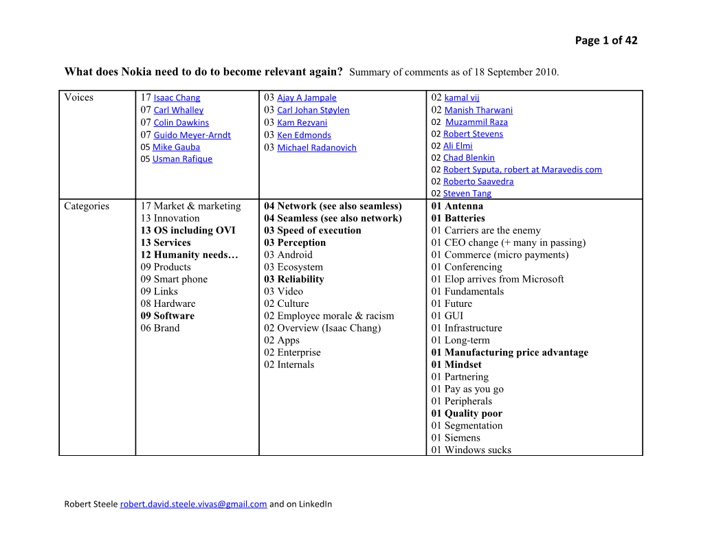 What Does Nokia Need to Do to Become Relevant Again? Summary of Comments As of 18 September