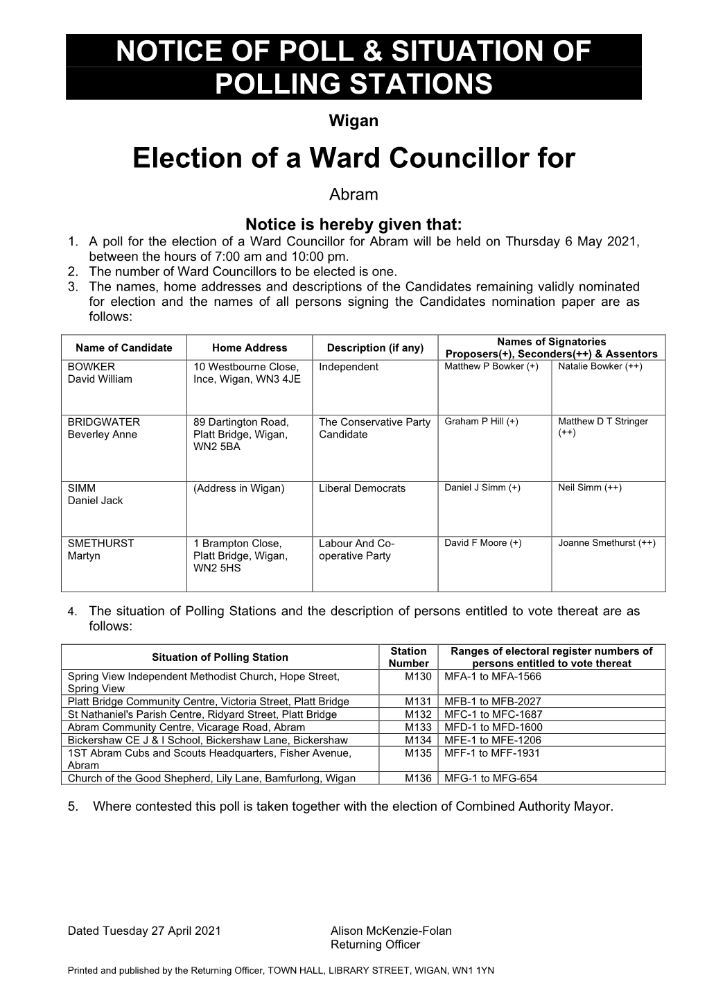 Notice of Poll and Situation of Polling Stations