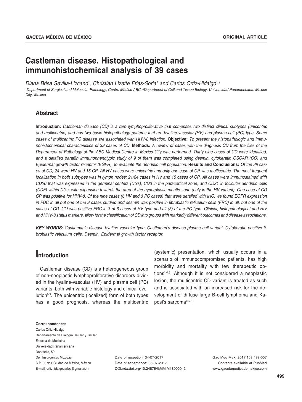 Castleman Disease. Histopathological and Immunohistochemical Analysis