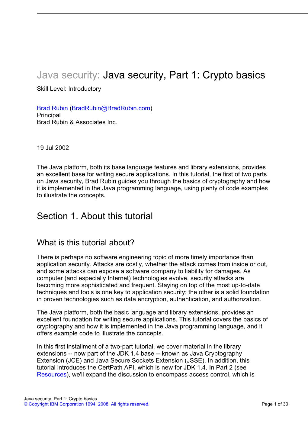 Java Security: Java Security, Part 1: Crypto Basics Skill Level: Introductory