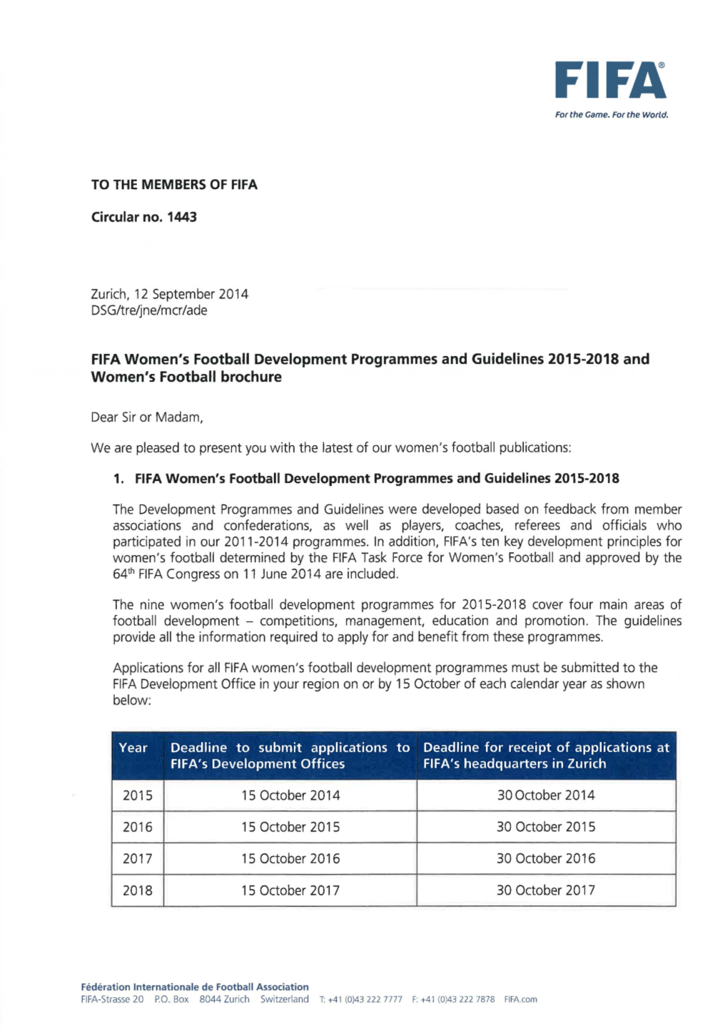 FIFA Women's Football Development Programmes and Guidelines 2015-2018 and Women's Football Brochure