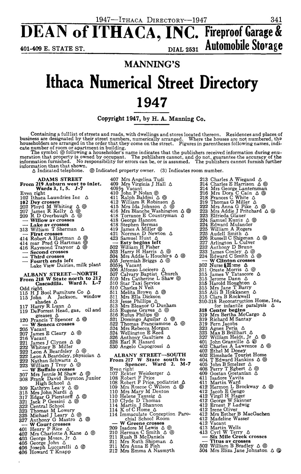 Ithaca Numerical Street Directory 1947 Copyright 1947, by H