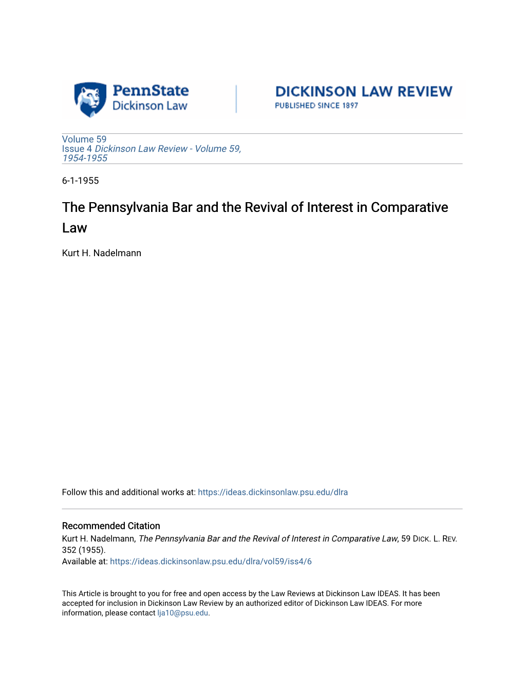 The Pennsylvania Bar and the Revival of Interest in Comparative Law