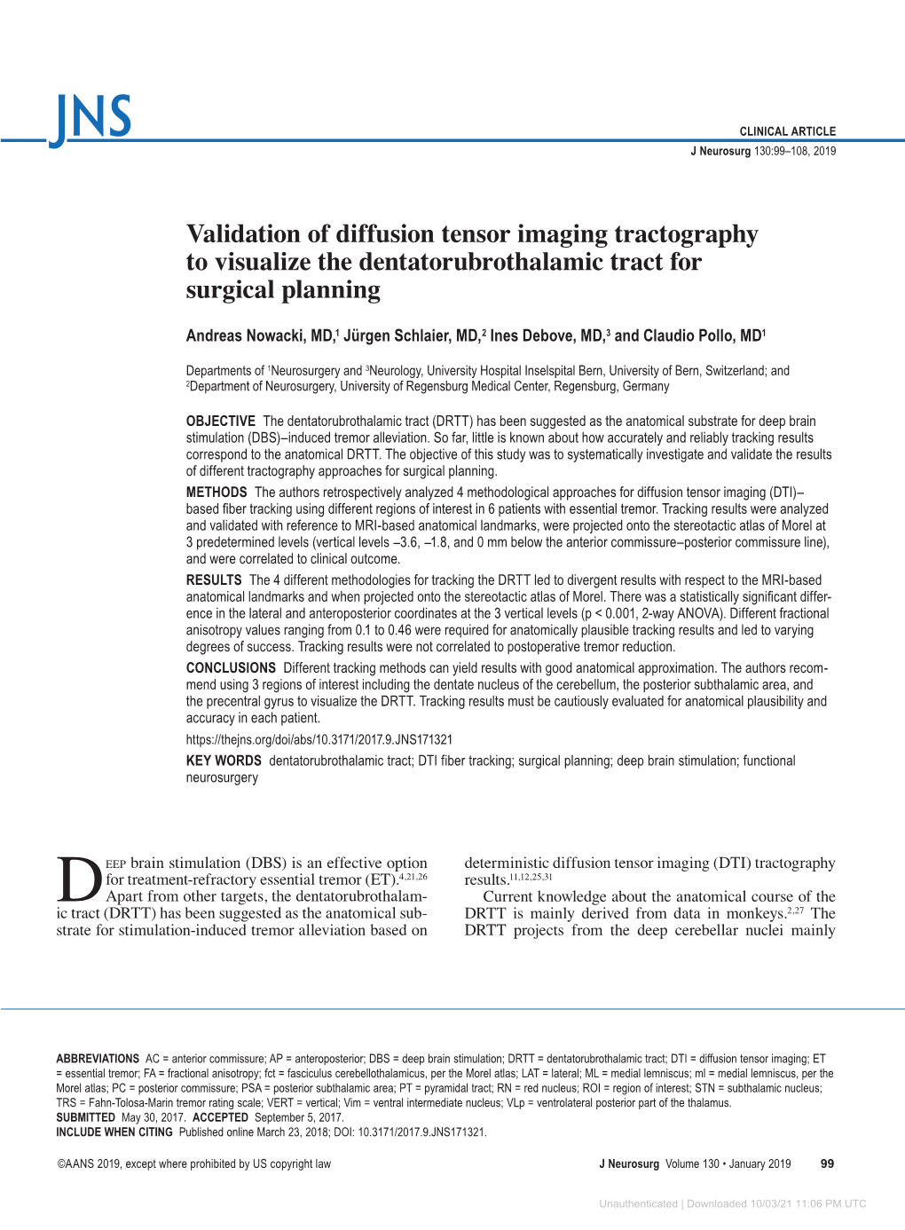 Validation of Diffusion Tensor Imaging Tractography to Visualize the Dentatorubrothalamic Tract for Surgical Planning