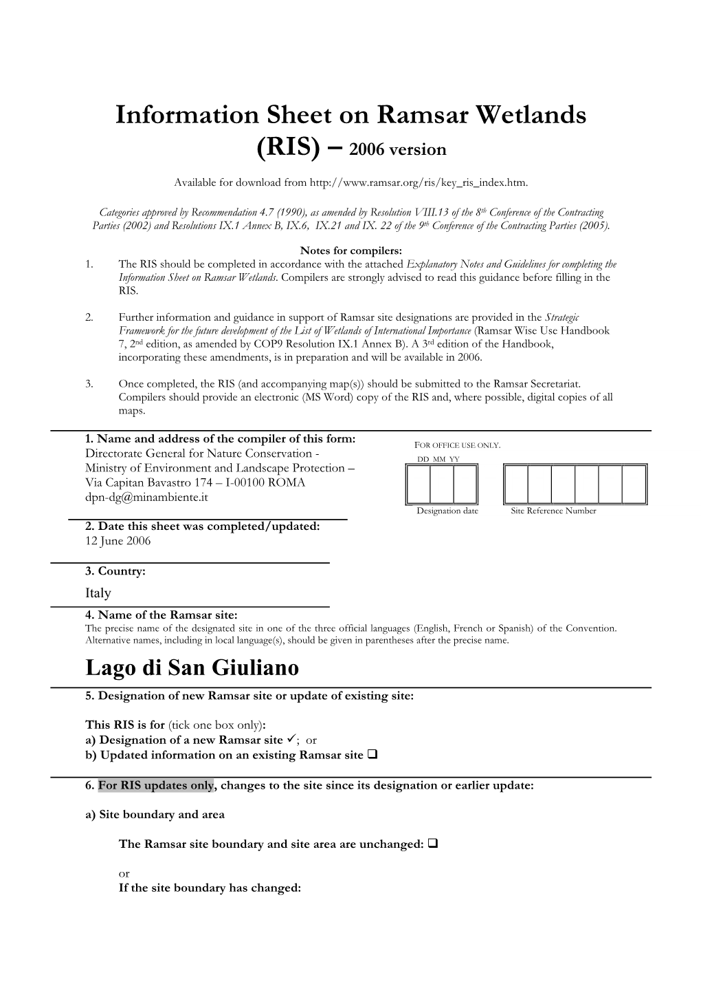 Information Sheet on Ramsar Wetlands (RIS) – 2006 Version