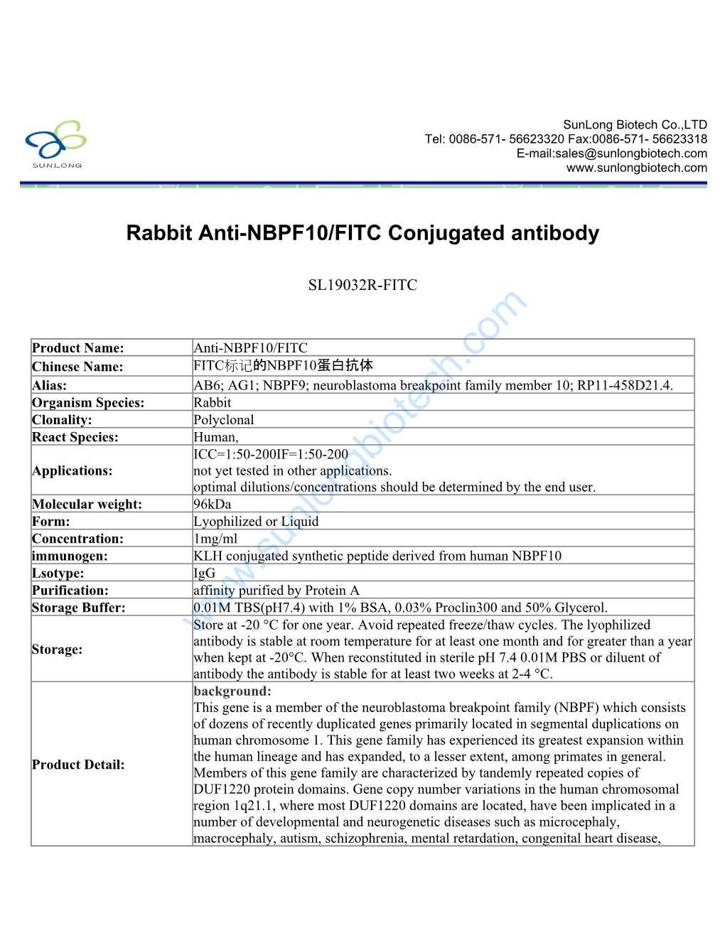 Rabbit Anti-NBPF10/FITC Conjugated Antibody-SL19032R-FITC